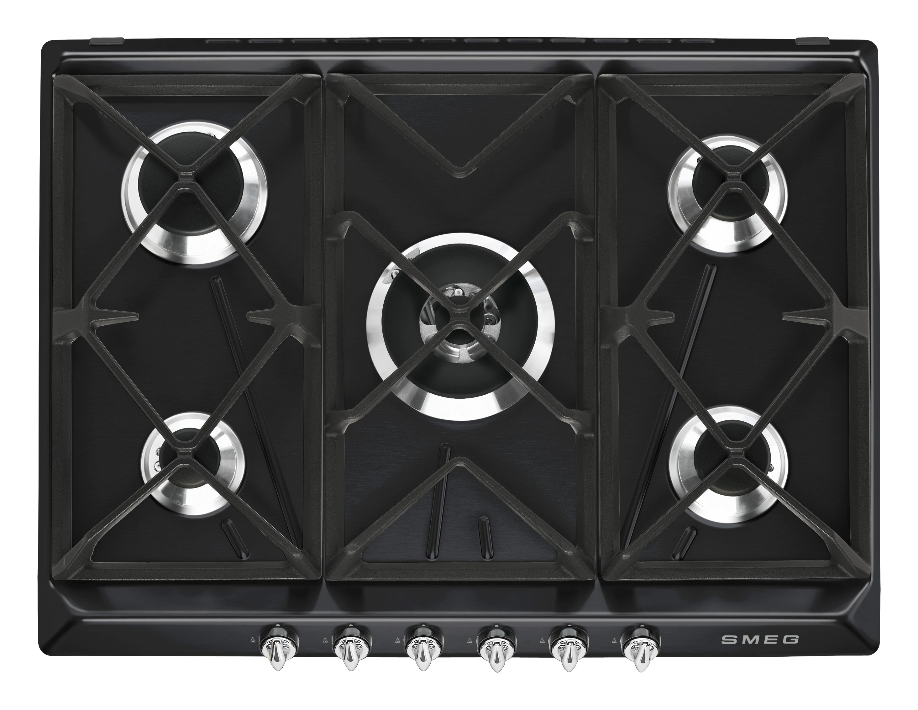 SMEG GÁZ FŐZŐLAP, Victoria design, 70 cm, 4 db normál + 1 db 5,0 kW-os ultra-wok gázégő, öntöttvas edénytartók, fekete