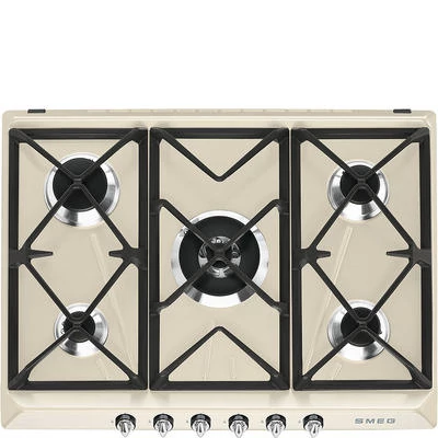 SMEG GÁZ FŐZŐLAP, Victoria design, 70 cm, 4 db normál + 1 db 5,0 kW-os ultra-wok gázégő, öntöttvas edénytartók, bézs