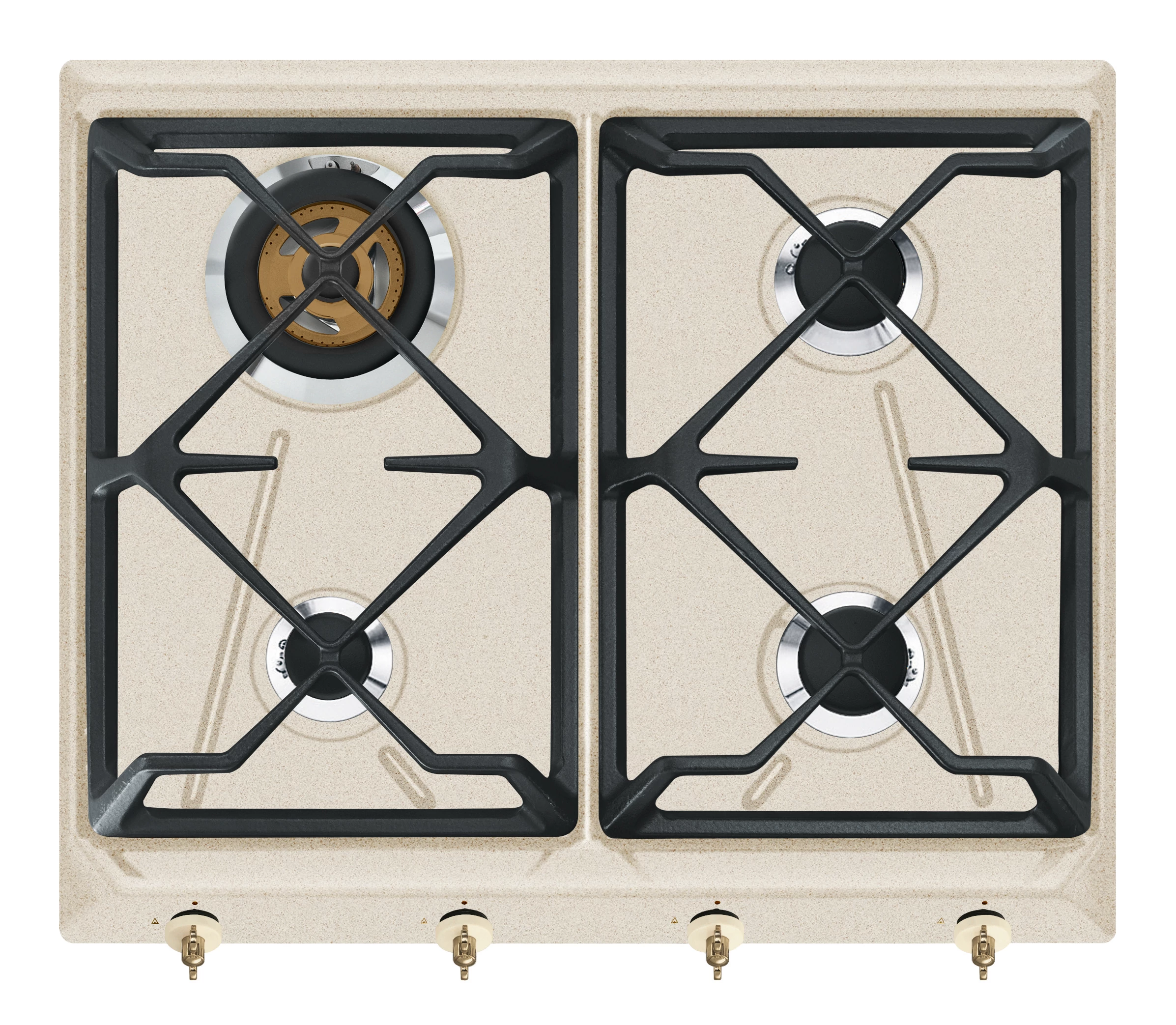 SMEG GÁZ FŐZŐLAP, Colonial design, 60 cm,4 db normál gázégő, 2 db öntöttvasedénytartó, avena bézs, bronz vezérlőgombok