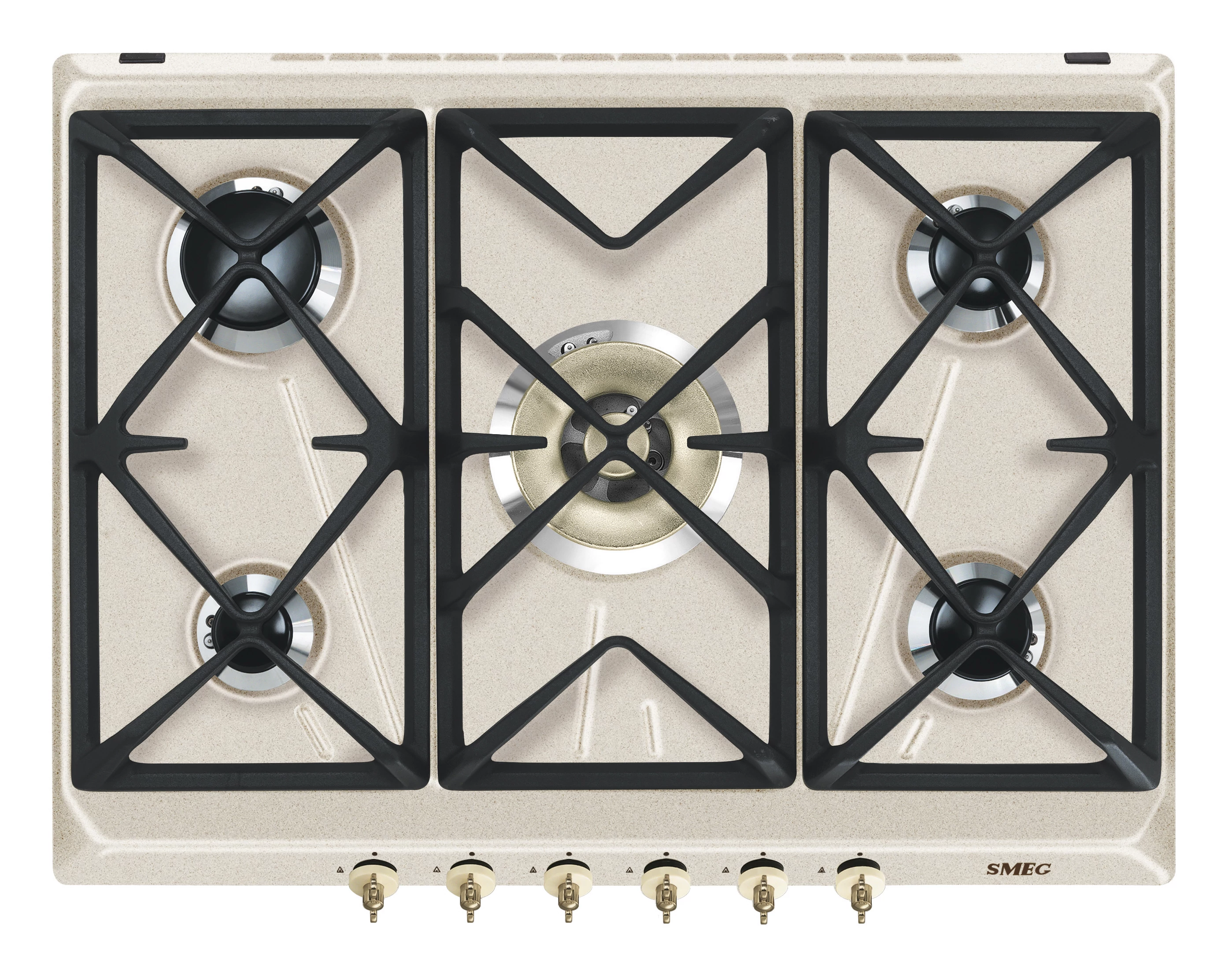 SMEG GÁZ FŐZŐLAP,Colonial,70 cm,4 db norm + 1 db  5,0 kW-os ultra-wok égő,öntöttvas edénytart,avena bézs,bronz gombok