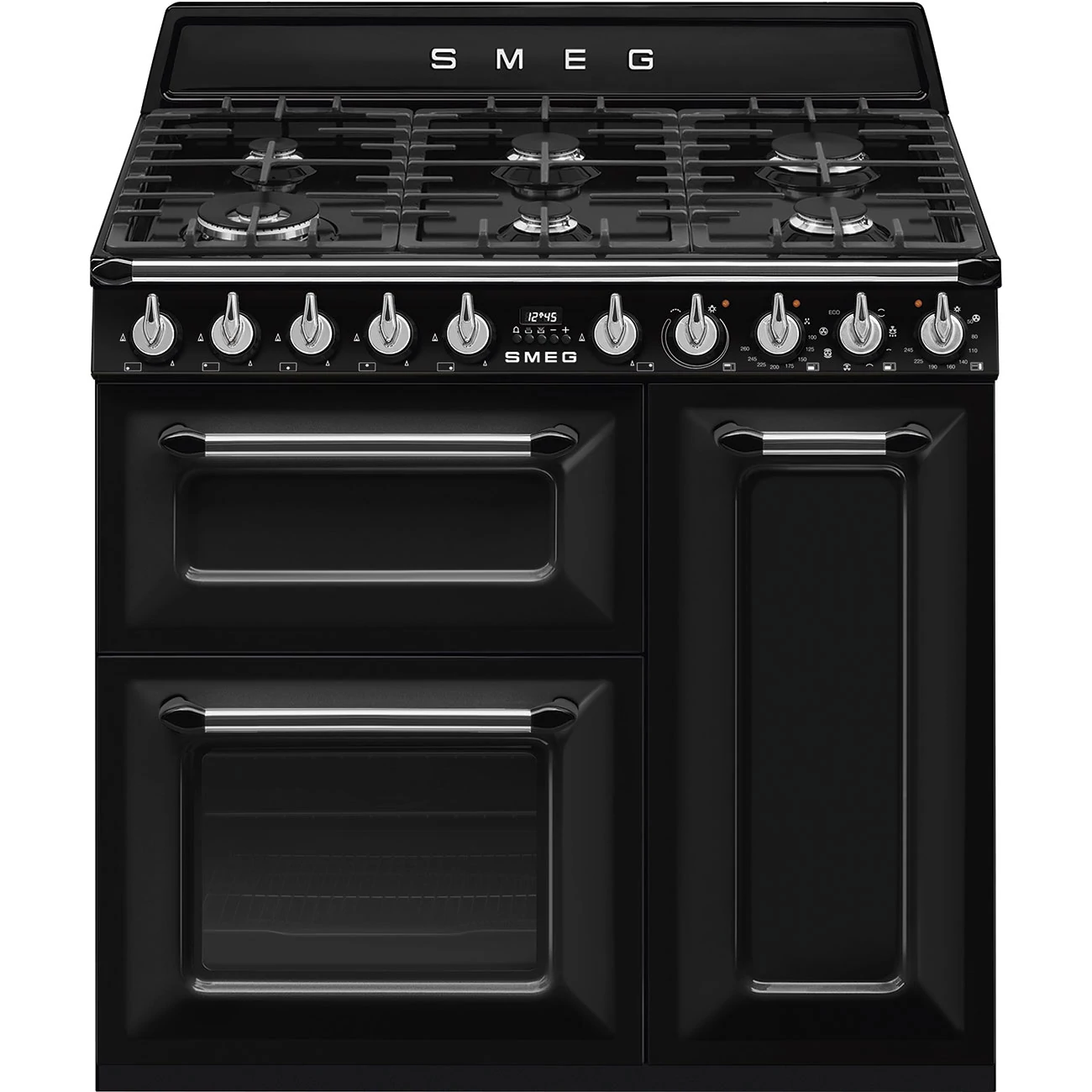 SMEG SZABADONÁLLÓ TŰZHELY, Victoria,90 cm,68 + 62 + 35 l,9 funkció,főzőlap: 6 gázégő, fekete/ ezüst gombokkal