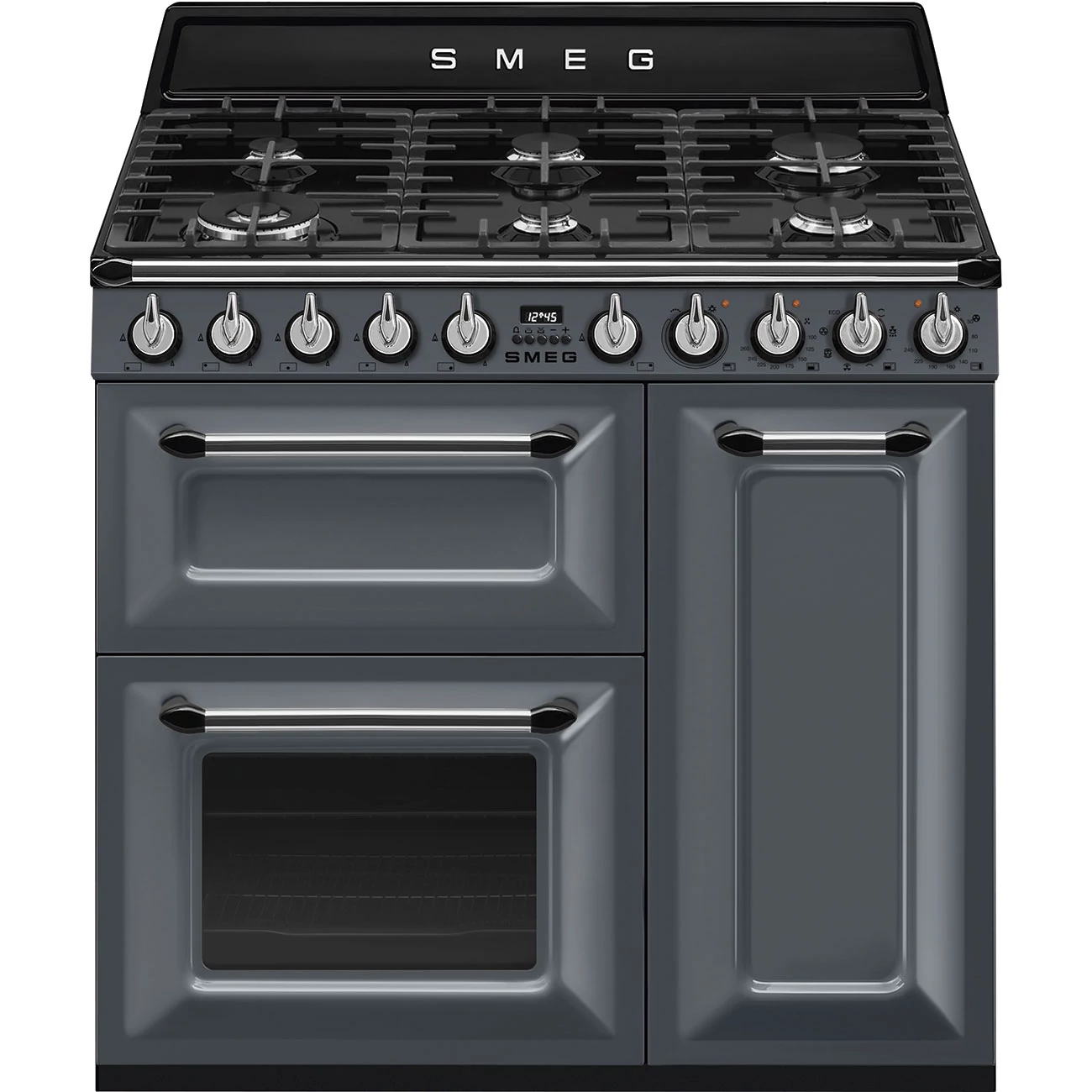 SMEG SZABADONÁLLÓ TŰZHELY, Victoria,90cm,61 + 62 + 36 l,8 + 1+1 funkció,gőztisztítás, 6 égő, palaszürke/ ezüst gombokkal