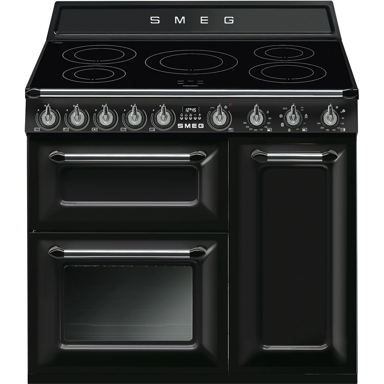SMEG SZABADONÁLLÓ TŰZHELY, Victoria,90cm,3 sütő,9funkció,indukciós főzőlap: 5zóna, fekete / ezüst gombokkal